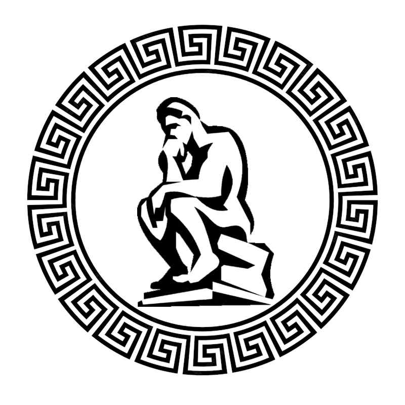 The Thinker image inside a circulargreek key border, black on white background.